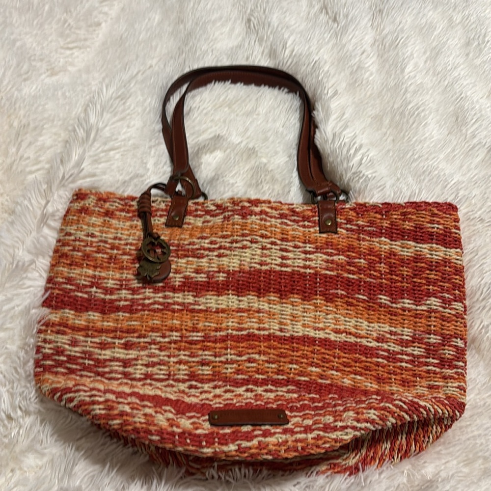 Lucky Brand ๐ Red, Orange, & Tan Woven Straw Tote Bag w/ Brown Handles Nโฆ - Picture 2 of 16